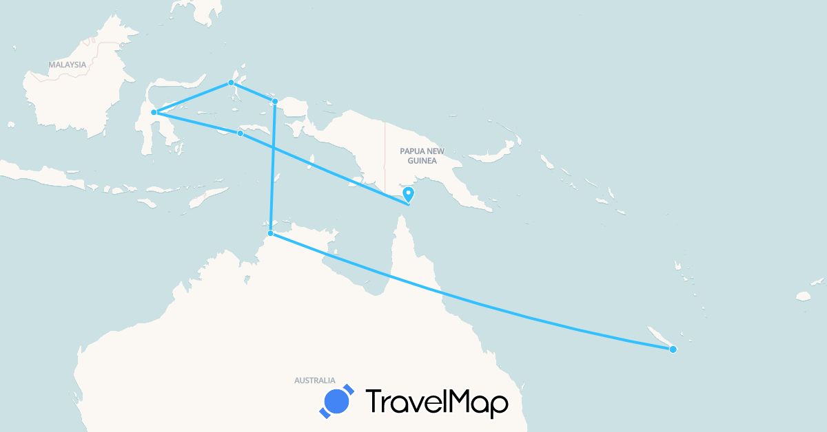 TravelMap itinerary: plane, boat in Australia, Indonesia, New Caledonia (Asia, Oceania)
